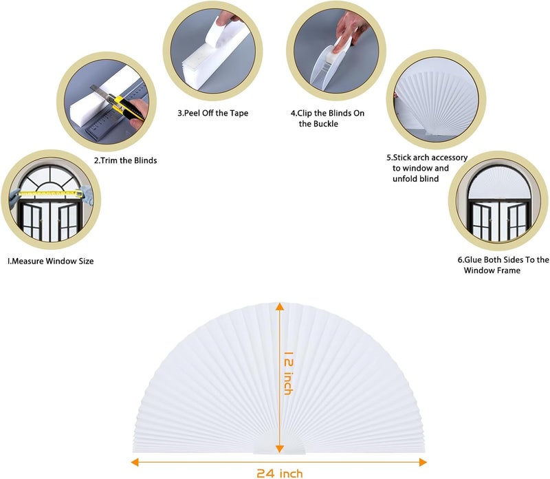 Jlong Arch Small Window Shade Curtains Half Circle Moon Pleated Blinds Semi Circle Temporary Light Filtering Pleated Paper Shades Half Round Window Covering Easy to Cut and Install (1, White, 24x12Inches) - Image 3
